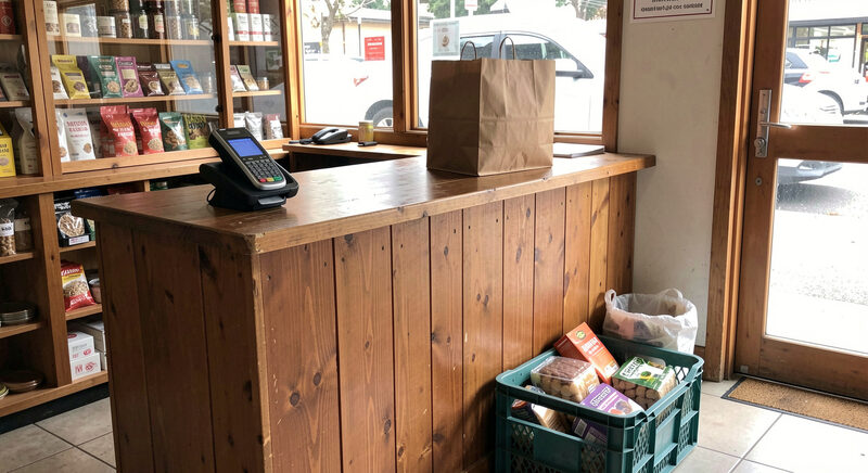The counter of a small independent shop with a card reader and a crate of goods by the door in daylight.