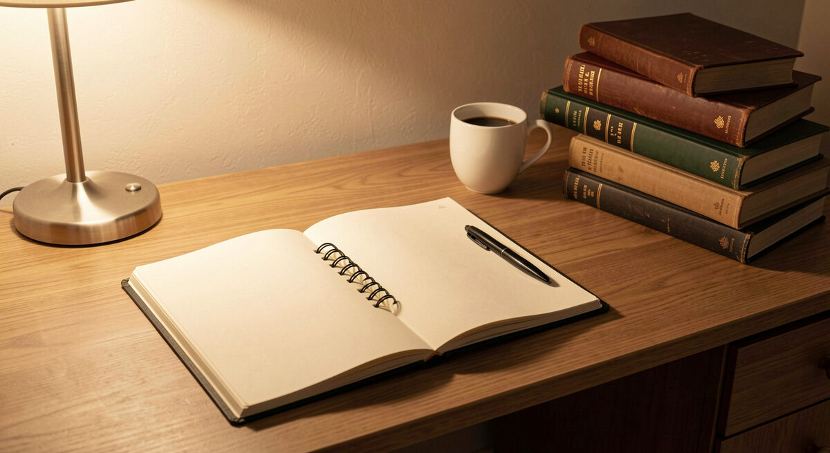 A study desk with an open notebook of blank pages, a pen, a cup of coffee and a stack of closed books under warm lamp light.