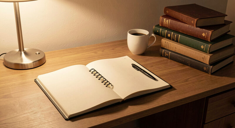 A study desk with an open notebook of blank pages, a pen, a cup of coffee and a stack of closed books under warm lamp light.