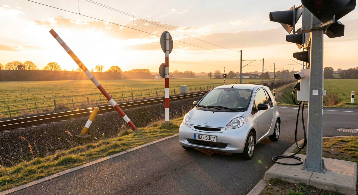 A small efficient car parked at a charging point beside a train line crossing open countryside at dawn.