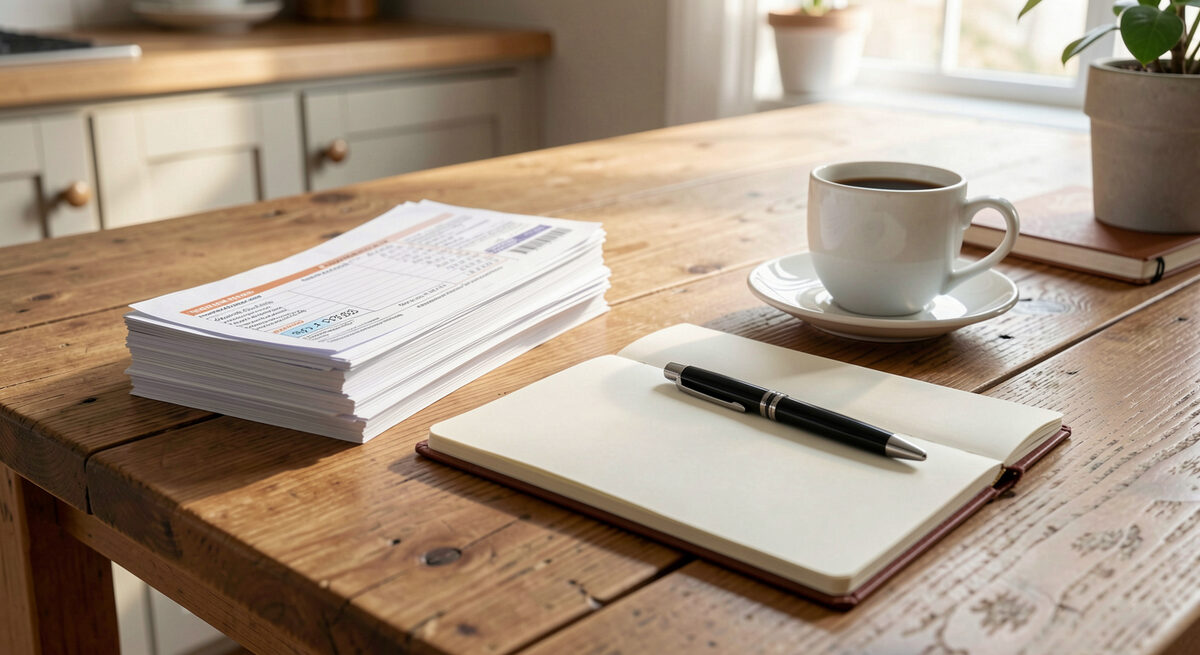 A kitchen table with a stack of utility bills seen face down, a blank notebook, a pen and a cup of coffee in morning light.
