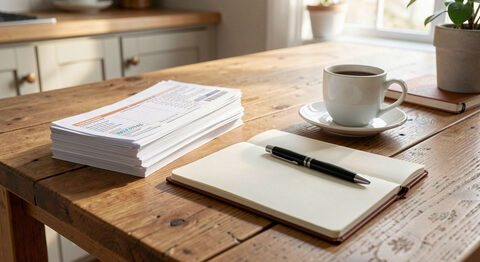 A kitchen table with a stack of utility bills seen face down, a blank notebook, a pen and a cup of coffee in morning light.
