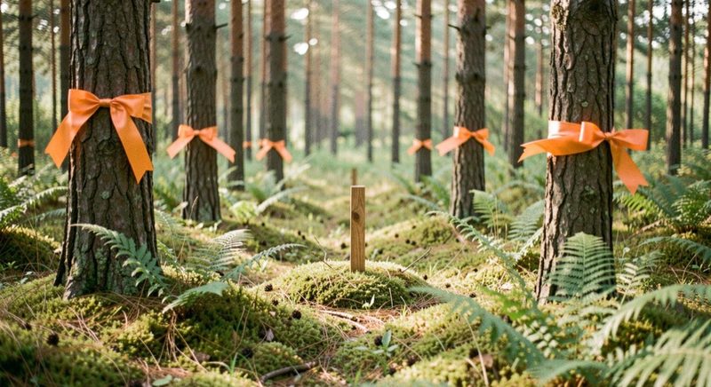 A small forest sample plot in a pine wood, a short wooden stake at its centre and a plain unprinted orange ribbon knotted around the trunk of each surrounding tree, ferns and moss on the ground in soft morning light