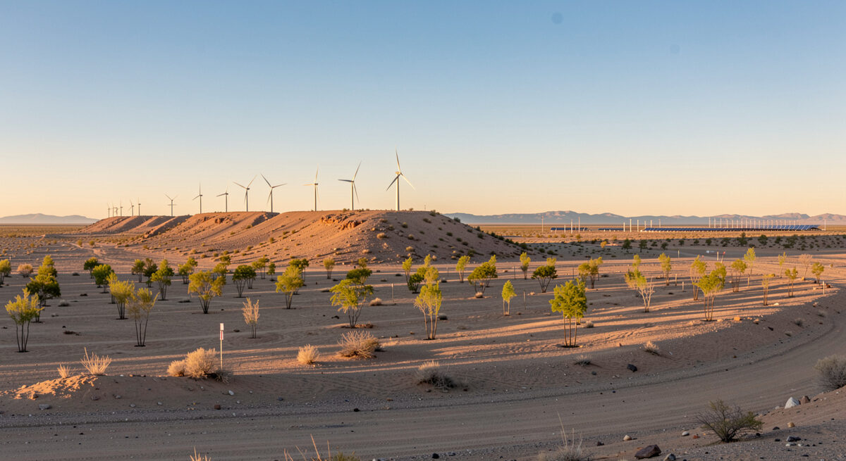 A wide Sonoran desert landscape at golden hour with wind turbines on a low ridge, young planted trees and a distant solar array