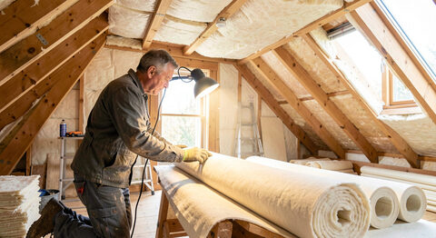 A technician fitting loft insulation in a bright attic with rolls of material and a work lamp