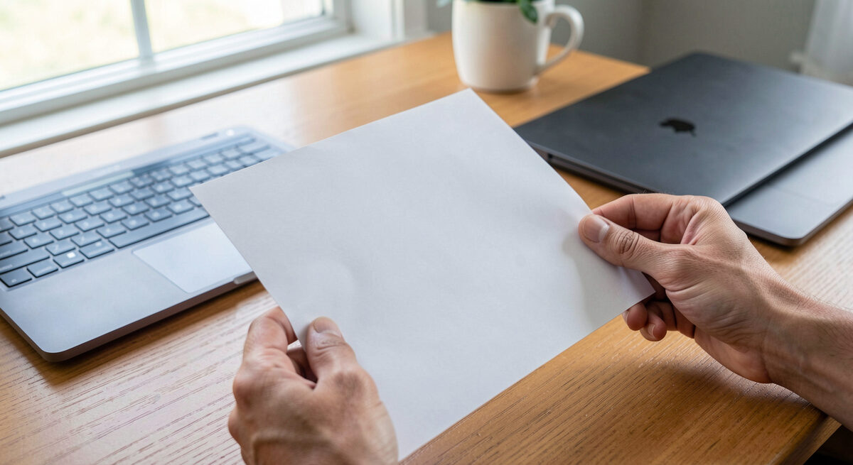Two hands holding a plain folded document with a blank surface beside a closed laptop on a desk in soft daylight.