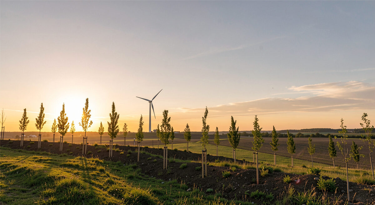A wide open landscape at golden hour with a wind turbine and young planted trees along a low ridge.