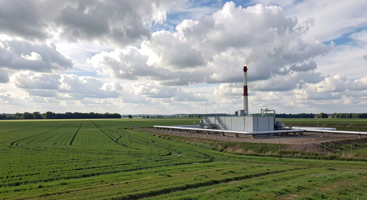 A landfill gas capture plant beside green fields with pipes and a flare stack under a wide cloudy sky.