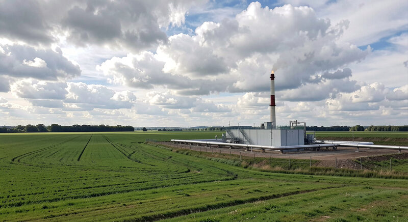A landfill gas capture plant beside green fields with pipes and a flare stack under a wide cloudy sky.
