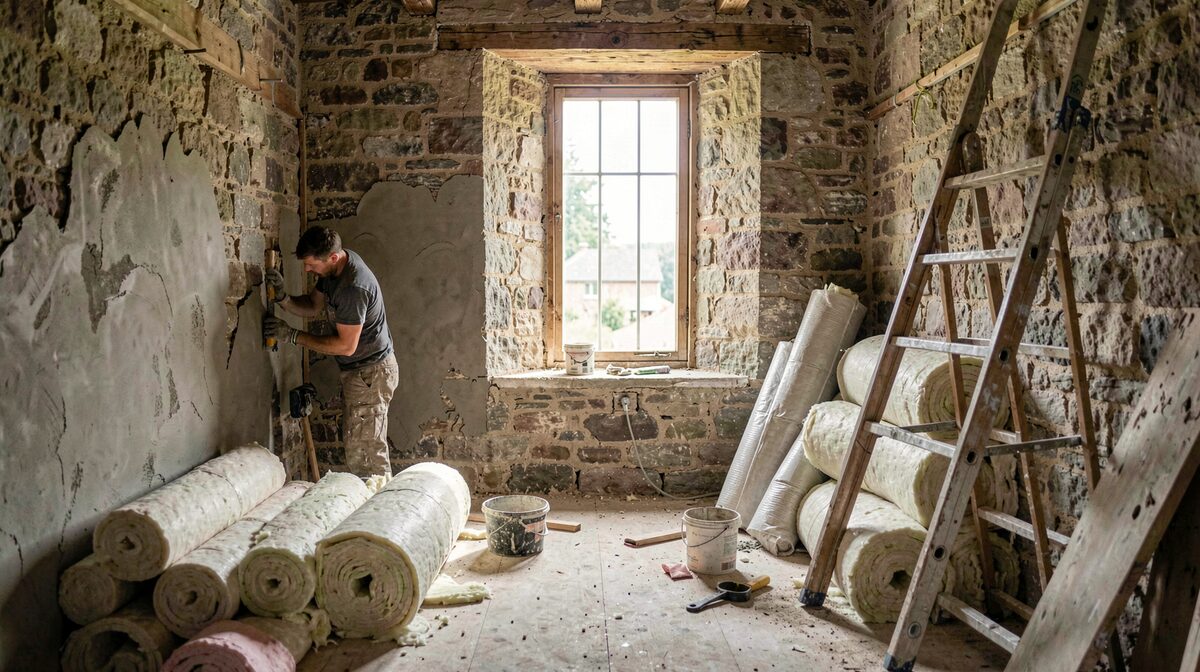 The inside of an old stone house during renovation, thick original walls kept, a plasterer smoothing one wall, rolls of insulation and a ladder, daylight through a tall window