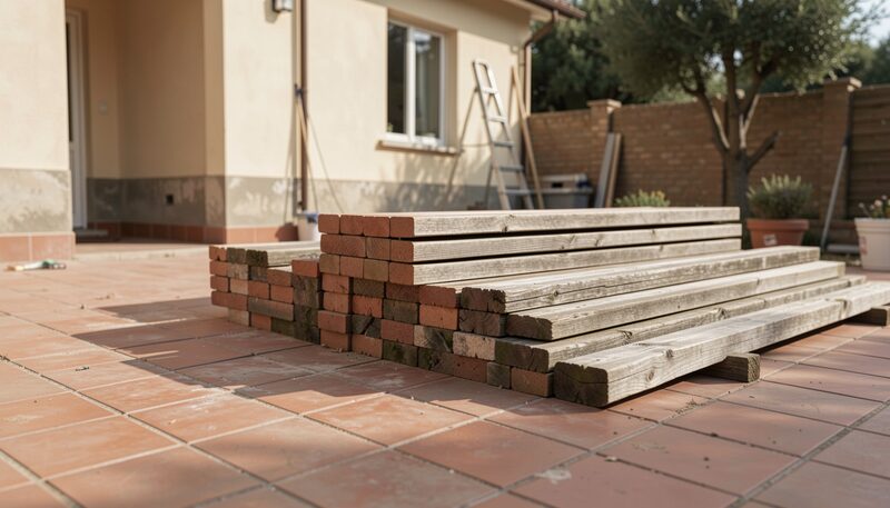 Old terracotta floor tiles and weathered wooden beams stacked neatly in a sunlit courtyard beside a house under renovation, ready to be reused