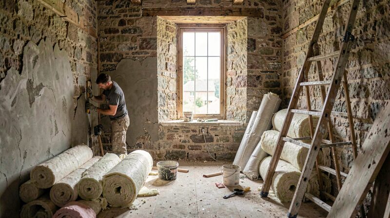 The inside of an old stone house during renovation, thick original walls kept, a plasterer smoothing one wall, rolls of insulation and a ladder, daylight through a tall window