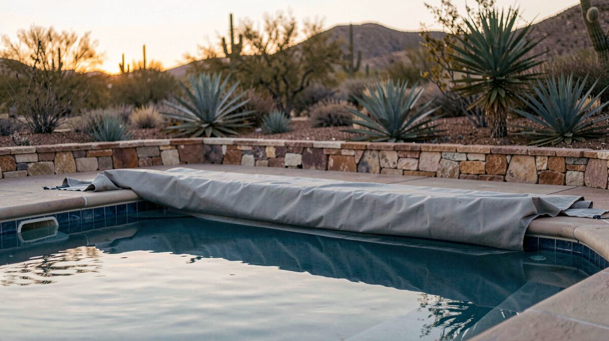 A backyard swimming pool at dusk with a pale grey cover rolled back over half of the water, a low stone wall and a dry desert garden with agave beyond