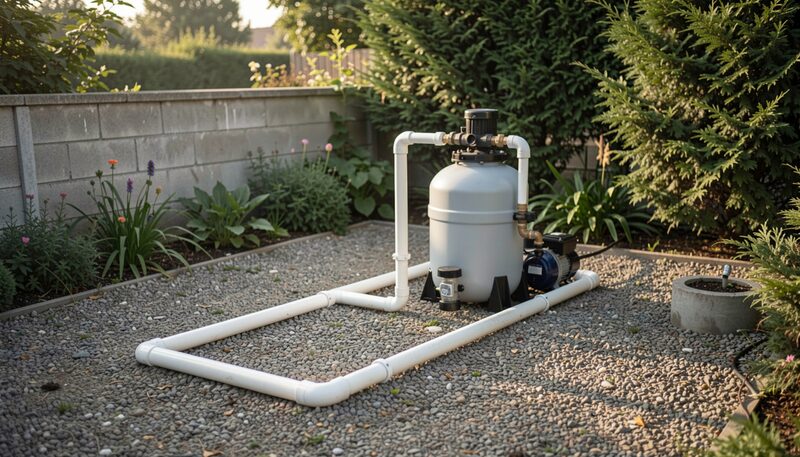A small pool equipment area with a filter tank, a single pump and white plastic pipes on a gravel yard beside a garden wall in morning light