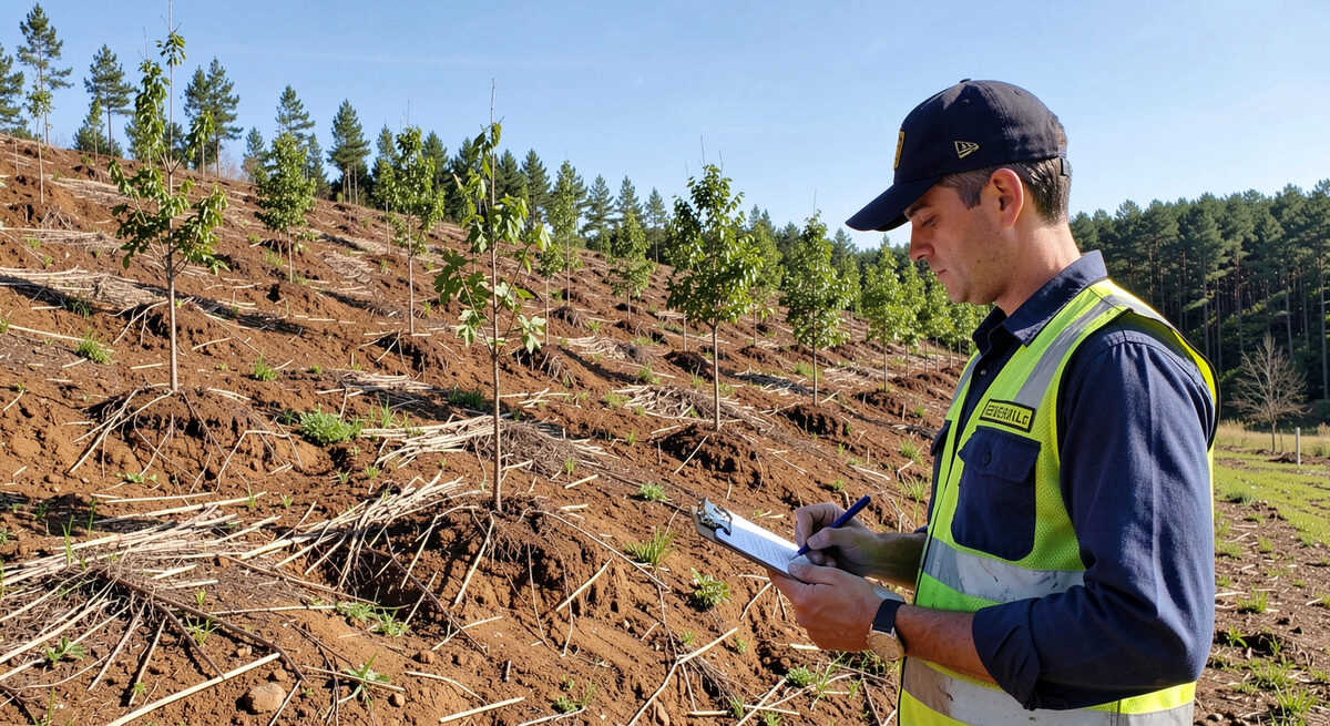 A field auditor with a clipboard inspecting rows of young trees on a replanted slope under a clear sky.
