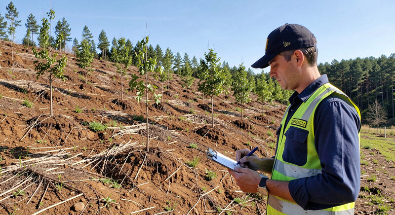 A field auditor with a clipboard inspecting rows of young trees on a replanted slope under a clear sky.